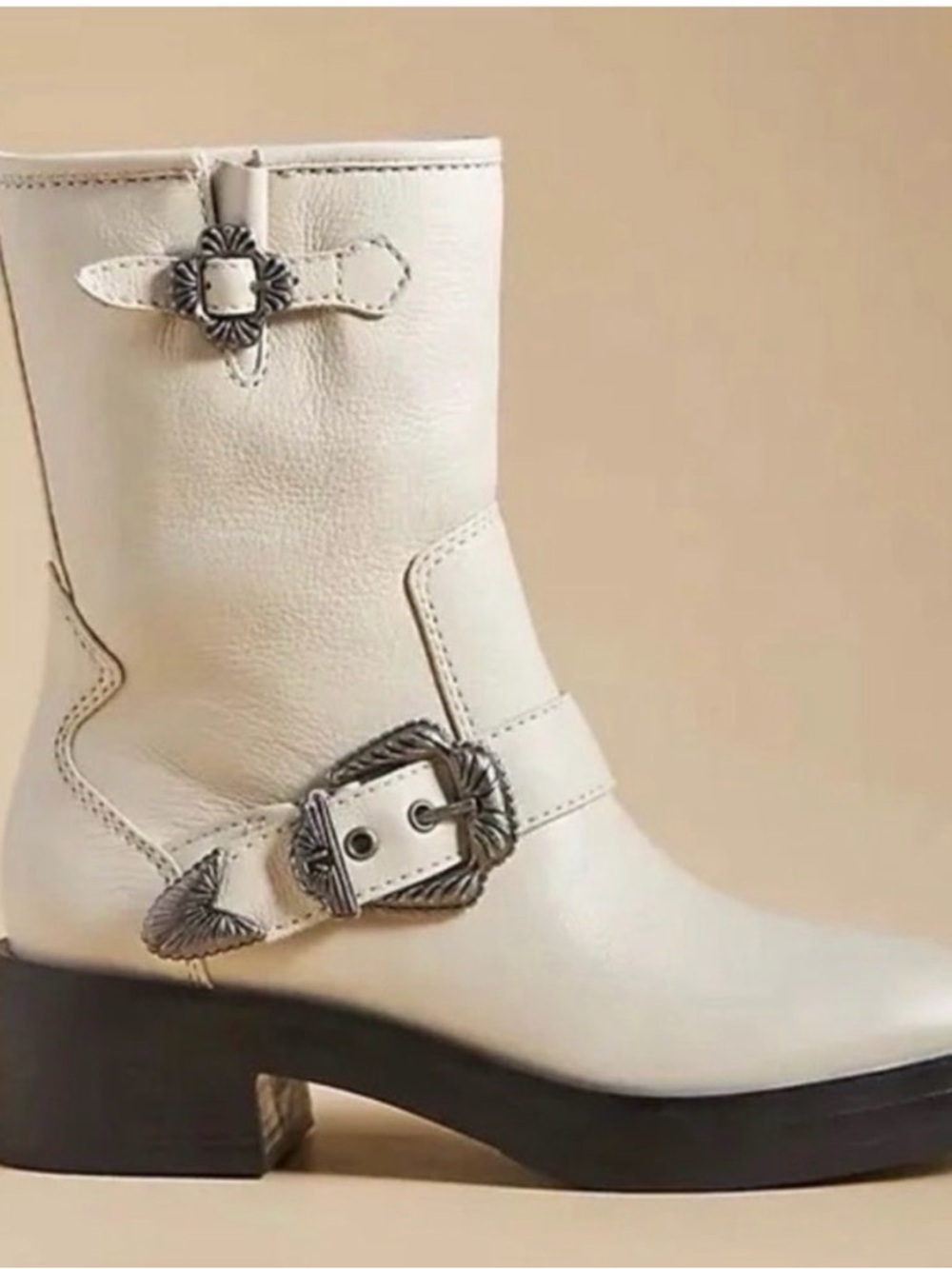 Larroude Cream Western Buckle Ankle Bootie